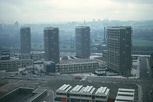 The Hutchesontown "B" estate, Gorbals, Glasgow (1960-64) was one of the firm's earliest commissions Tower Block UK photo glw5-02 (Waddell Court 1960s).jpg