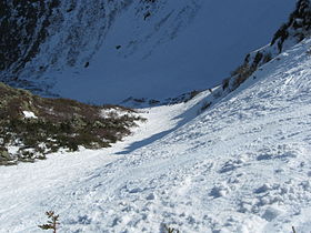 A view down the run "Right Gully," one of the easier runs in Tuckerman Ravine