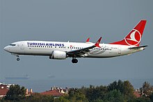 A Boeing 737 MAX 8 of Turkish Airlines on final approach for Istanbul Atatürk Airport.