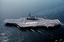 Midway departing Yokosuka for the last time in August 1991 USS Midway (CV-41) leaving Yokosuka, Crew spelling Sayonara.jpg