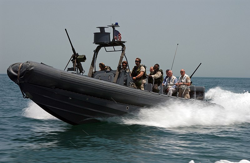 File:US Navy 040520-N-7586B-057 Riding in a Rigid Hull Inflateable Boat (RHIB), Secretary of the Navy, Gordon R. England, is transported from the Al Basrah Oil Terminal (ABOT) to the coastal patrol ship USS Chinook (PC 9).jpg