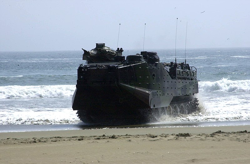 File:US Navy 040704-N-2781V-005 An amphibious assault vehicle (AAV) rolls out of the water to pick up Marines from the U.S., Peru, Argentina, Ecuador and the Dominican Republic during amphibious assault exercises supporting UNITAS 4.jpg