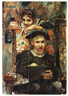 Hamlet et Ophélie, première esquisse du tableau du même titre au Musée russe24,4 × 16,7 cm. Aquarelle sur papier (1883).
