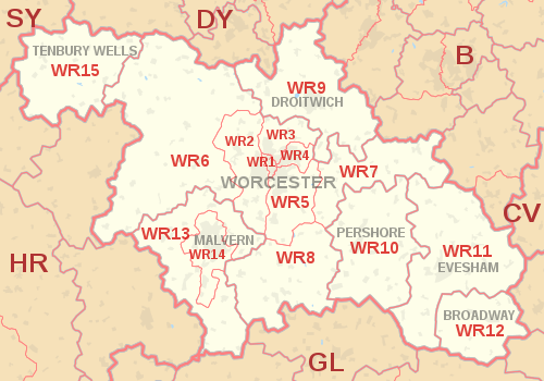 WR postcode area map, showing postcode districts, post towns and neighbouring postcode areas.