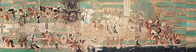 Section of a wall mural commemorating the victory of Zhang Yichao Zhang yichao victory procession.jpg