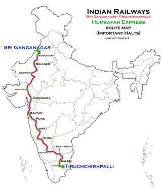 <span class="mw-page-title-main">Sri Ganganagar–Tiruchirappalli Humsafar Express</span> Humsafar Express between Shri Ganganagar and Tiruchirappalli