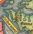 Ano 1493. Fragmento do mapamundi da Crónica de Nuremberg de Hartmann Schedel.[407] O mapa, de inspiración Ptolomeica, sitúa Galicia como o territorio máis occidental do orbe coñecido.
