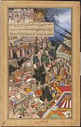 Both Mughal and Mewar troops using firearms at the Siege of Chittorgarh (1567–1568).