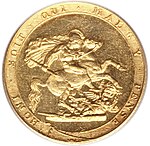 Frånsidan av Sovereign-mynt från 1817 med Benedetto Pistruccis gravyr av Sankt Göran och draken.