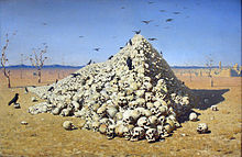 Vasily Vereshchagin, The Apotheosis of War, 1871; dedicated "to all conquerors, past, present and to come", a pile of skulls in a wasteland. 1871 Vereshchagin Apotheose des Krieges anagoria.JPG