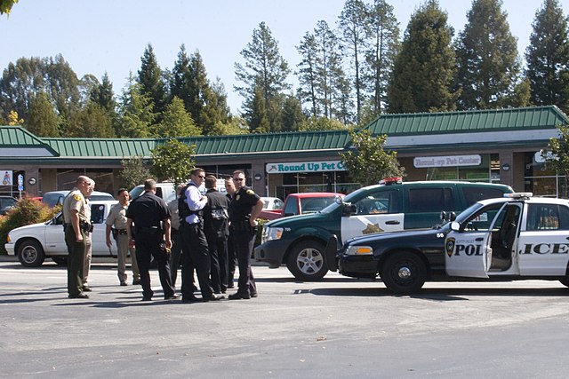 Municipal police officers, county sheriff's deputies, and state highway patrol officers at the scene of a pursuit termination in Scotts Valley, Califo