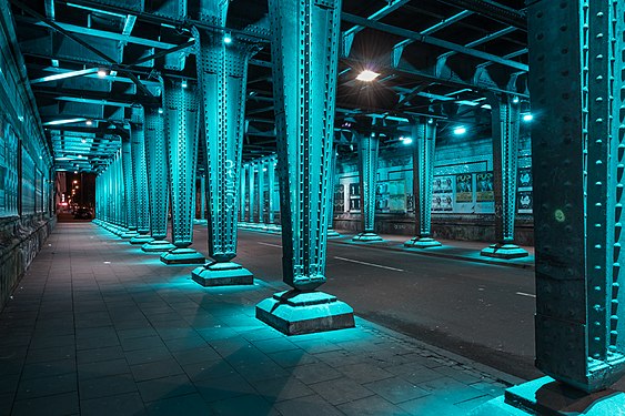 Turquoise illuminated Railway Underpass Maybachstraße, Cologne, Germany