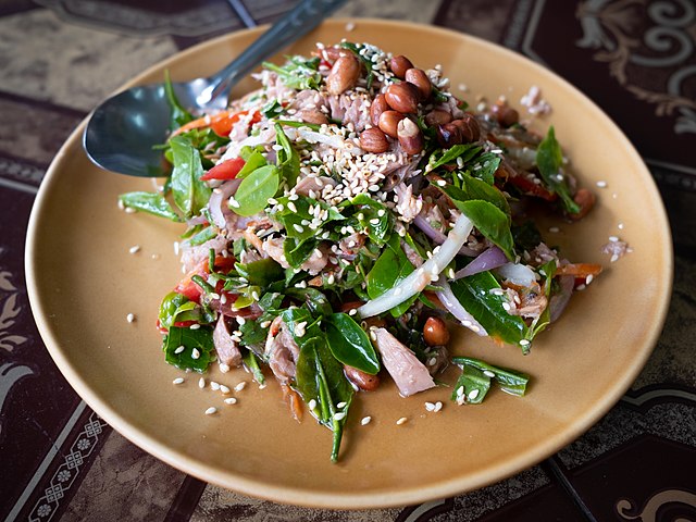 A spicy Thai salad made with young, fresh tea leaves
