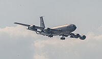 A KC-135R Stratotanker, tail number 57-1439, on final approach at Kadena Air Base in Okinawa, Japan in March 2020. It is assigned to the 22nd Air Refueling Wing and the 931st Air Refueling Wing at McConnell Air Force Base in Wichita, Kansas.