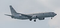 A Boeing P-8 Poseidon, tail number 168761, on final approach at Kadena Air Base in Okinawa, Japan. It is assigned to Patrol Squadron 45 (VP-45) at NAS Jacksonville, Florida, United States.