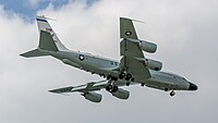 A US Air Force RC-135W Rivet Joint on final apparoach to Kadena Air Base in Okinawa, Japan.