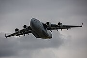 A Boeing C-17 Globemaster III, tail number 95-0103, taking off from RAF Mildenhall in the United Kingdom. It is assigned to the 62nd Airlift Wing and the 446th Airlift Wing at Joint Base Lewis McChord in Washington, USA.