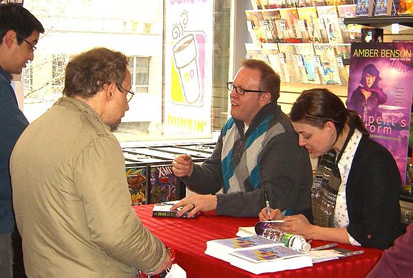 Benson and novelist Anton Strout during an appearance at the Midtown Comics Downtown in Manhattan on March 5, 2011