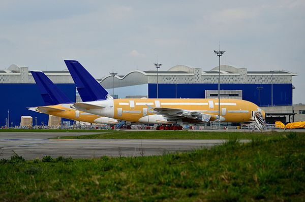 Two of the six Airbus A380s Skymark had on order in long-term storage at Toulouse Blagnac International Airport