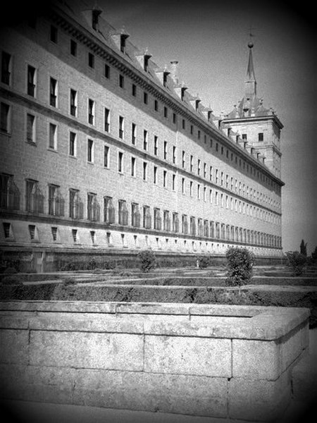 A Black and White Photograph of the Royal Seat of San Lorenzo de El Escorial in Spain.jpeg