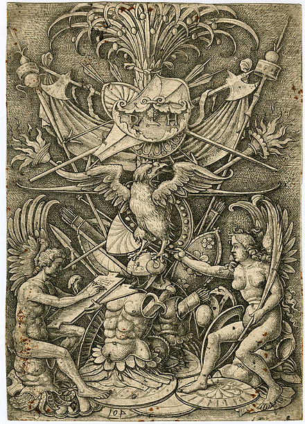 Engraving of "A Trophy of Arms with History and Victory seated at lower left and right", by Daniel Hopfer (c.1470-1536). Victory extends her hand toward the god Jupiter in form of an eagle