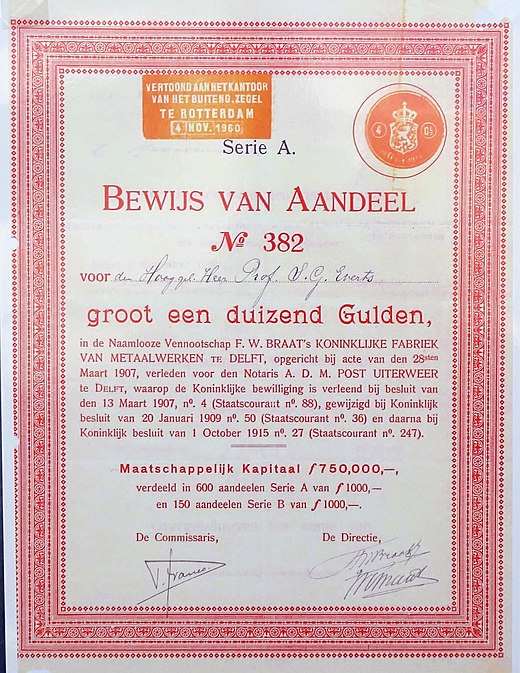 Aandeel op naam van fl. 1000,- in de Naamlooze Vennootschap F.W. Braat's Koninklijke Fabriek van Metaalwerken te Delft