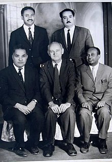 First row from left, Mansour Haseeb, HV Morgan and Mohamed Hamad Satti. Second row, far left, El Hassan. ca. 1965 Ahmed Mohamed El Hassan and Mohamed Hamad Satti.jpg