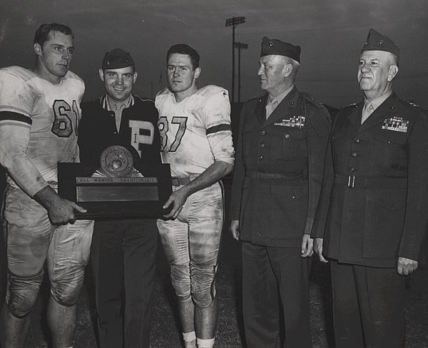 CPT Don King; Parris Island Head Coach, MJR John T. Hill; CPT Billy Hayes; Lieutenant General Graves B. Erskine (Fleet Marine Force, Atlantic) at the 