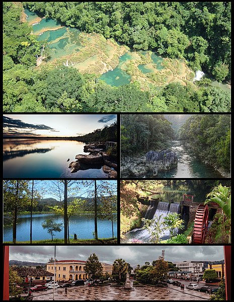 Clockwise from top: Semuc Champey in Lanquin, Lachua Lagoon in Coban, Cahabon river in San Pedro Carcha, Chichoj Lagoon in San Cristobal Verapaz, Finc