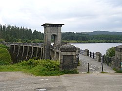 Ein Dammkopf und ein Turm mit einem von Bäumen umgebenen See