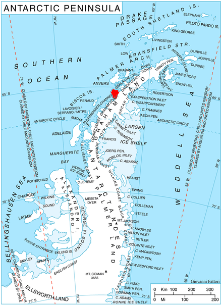 Location of Kiev Peninsula in Graham Land, Antarctic Peninsula. Ant-pen-map-Kiev.PNG