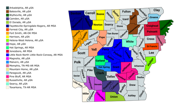 An enlargeable map of the 23 core-based statistical areas in Arkansas. Arkansas CBSAs 01.png