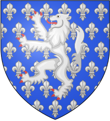 Arms of Holland: Azure semee-de-lys argent, a lion rampant of the second Arms of Holland.svg