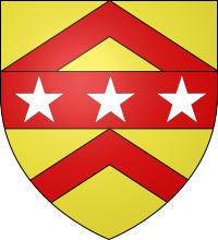 Coat of arms of Walter de Teye, Lord of Stonegrave, Or, on a fess between two chevrons Gules, three mullets Argent.. Arms of Walter de Teye.svg