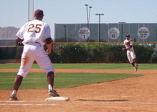 The shortstop (at right) has fielded the ball and thrown it to the first baseman; if the batter is put out, the shortstop will be credited with an ass