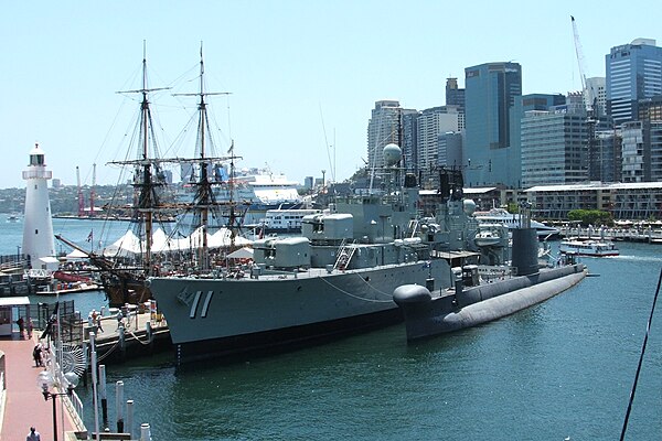 Three main vessels in the ANMM ship collection, the HM Bark Endeavour Replica, the destroyer HMAS Vampire, and the submarine HMAS Onslow, on display a