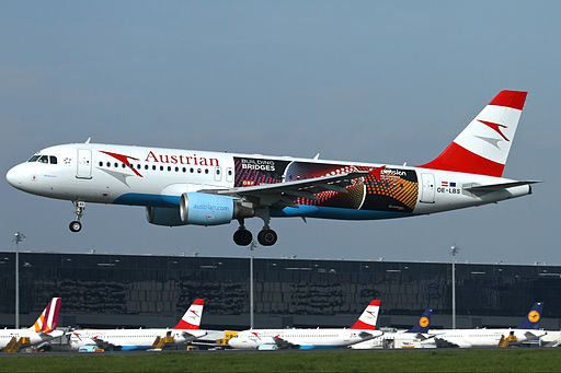 Austrian Airlines Airbus A320 (OE-LBS) in Eurovision 2015 livery landing at Vienna International Airport