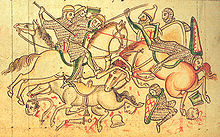 Miniature ancienne représentant une bataille entre plusieurs cavaliers en armes.