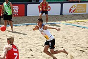 Deutsch: Beachhandball Europameisterschaften 2019 (Beach handball Euro); Tag 2: 3. Juli 2019 – Männer, Vorrunde Gruppe A, Spanien-Norwegen 1:2 (22:26, 28:22, 8:10) English: Beach handball Euro; Day 2: 3 July 2019 – Men Preliminary Round Group A - Spain-Norway 1:2 (22:26, 28:22, 8:10)