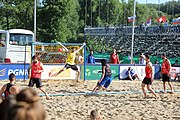 Deutsch: Beachhandball Europameisterschaften 2019 (Beach handball Euro); Tag 1: 2. Juli 2019 – Männer, Vorrunde Gruppe D, Frankreich-Montenegro 2:0 (19:7, 18:9) English: Beach handball Euro; Day 1: 2 July 2019 – Men Preliminary Round Group D – France-Montenegro 2:0 (19:7, 18:9)