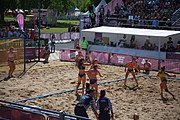 Deutsch: Beachhandball bei den Olympischen Jugendspielen 2018; Tag 3, 10. Oktober 2018; Mädchen, Vorrunde, Gruppe B - Niederlande-Argentinien 2:0 English: Beach handball at the 2018 Summer Youth Olympics at 10 October 2018 – Girls Preliminary Round Group B‎ – Netherlands-Argentina 2:0