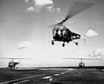 Bell HTL-3s taking off from USS Valley Forge (CV-45) 1953.jpg