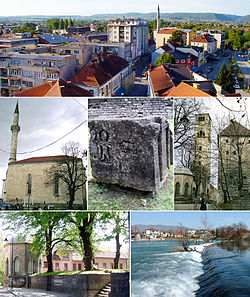 Van boven, van links naar rechts: Bihać-panorama, Fethija-moskee (voormalige katholieke kerk van St. Antonius van Padua), Stećak-grafstenen, Kapetanova kula (kapiteinstoren; momenteel een museum), Bihać Türbe en de rivier de Una.