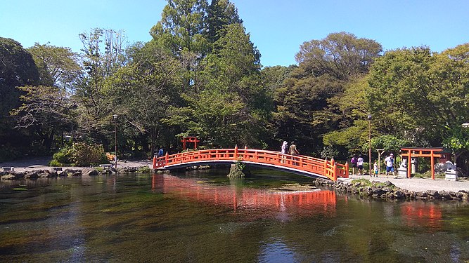 Bridge in Park of Itsukushima Shrine, Fujinomiya, Japan.