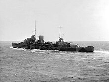 Light cruiser HMS Leander was present during the second incident British light cruiser HMS Leander (75) underway at sea in 1945.jpg