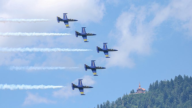 The Breitling Jet Team performing aerobatic displays at Red Bull Air Race (2007) in Interlaken, Switzerland