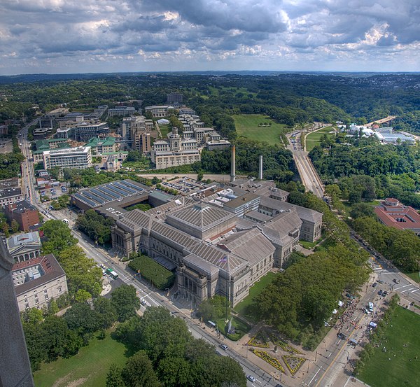 The Carnegie Institute and Library complex on Forbes Avenue, as well as Carnegie Mellon University campus as viewed from the 36th floor of the Cathedr