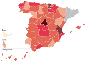 عدد الحالات المؤكدة في المقاطعات (حتى 19مارس):   لا يوجد بيانات   1–9 حالة مؤكدة   10–99 حالة مؤكدة   100–499 حالة مؤكدة   500–999 حالة مؤكدة   1,000–9,999 حالة مؤكدة حكومة كاتالونيا والجزر الباليرية لا تقدم بيانات على مستوى المقاطعة/الجزيرة
