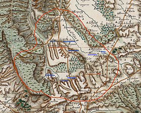 Carte de Cassini du secteur (vers 1750). La ligne rouge figure approximativement les limites du terroir communal actuel.