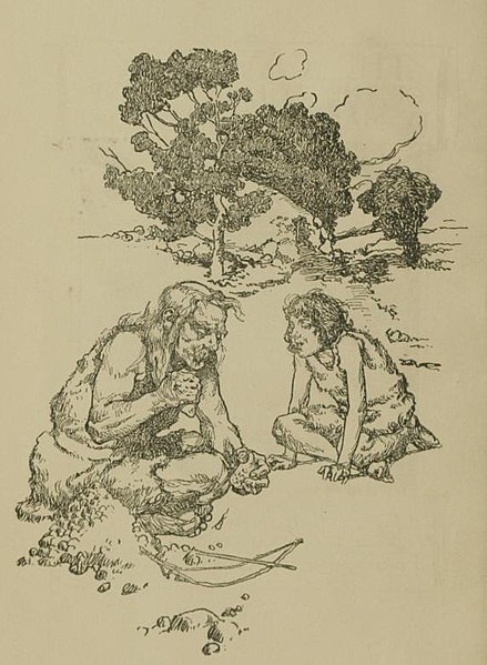 An early sketch imagining an adult and a juvenile from prehistoric times making a stone tool